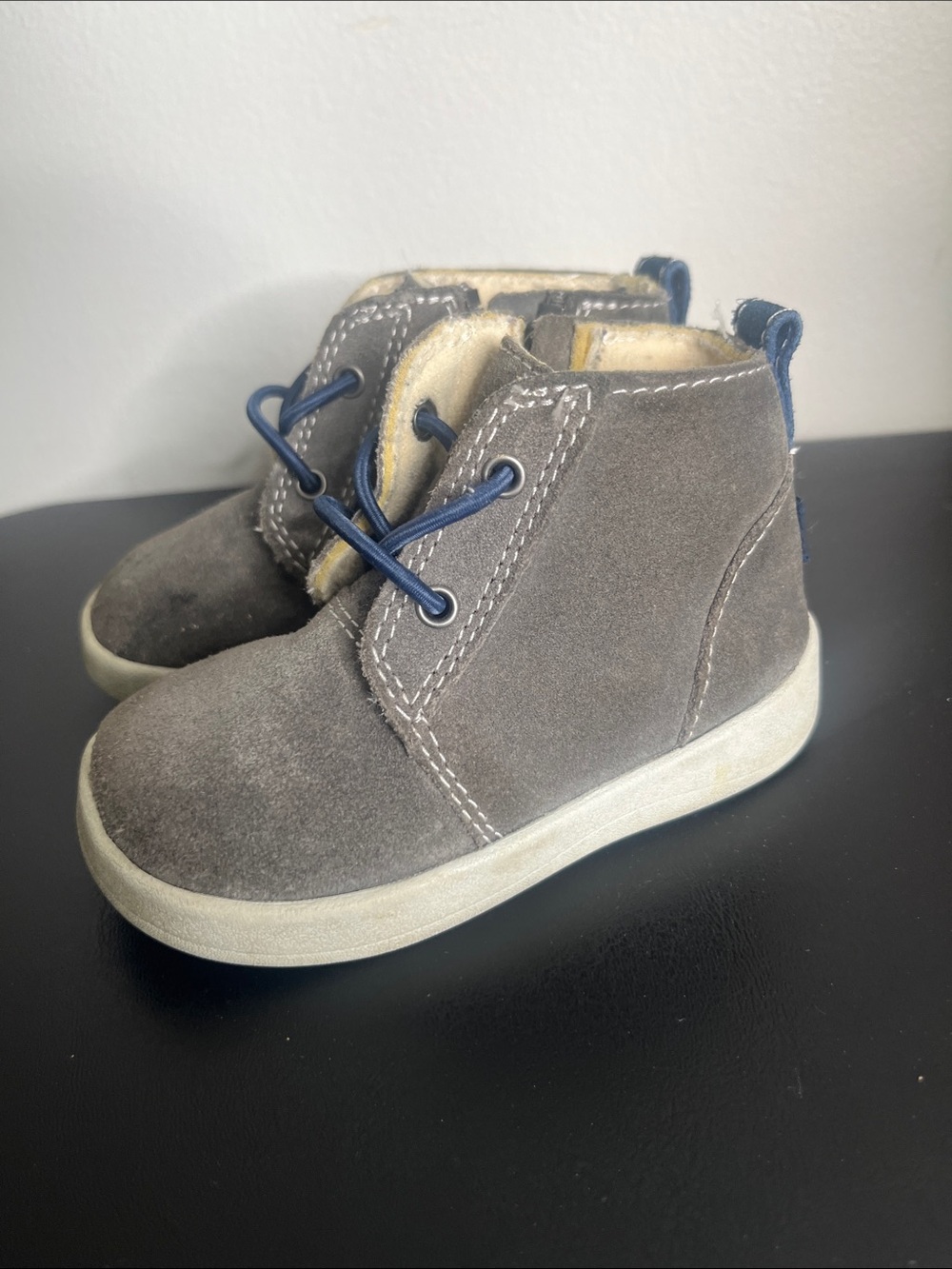 UGG Kids Gray Suede Ankle Boots with Blue Accents